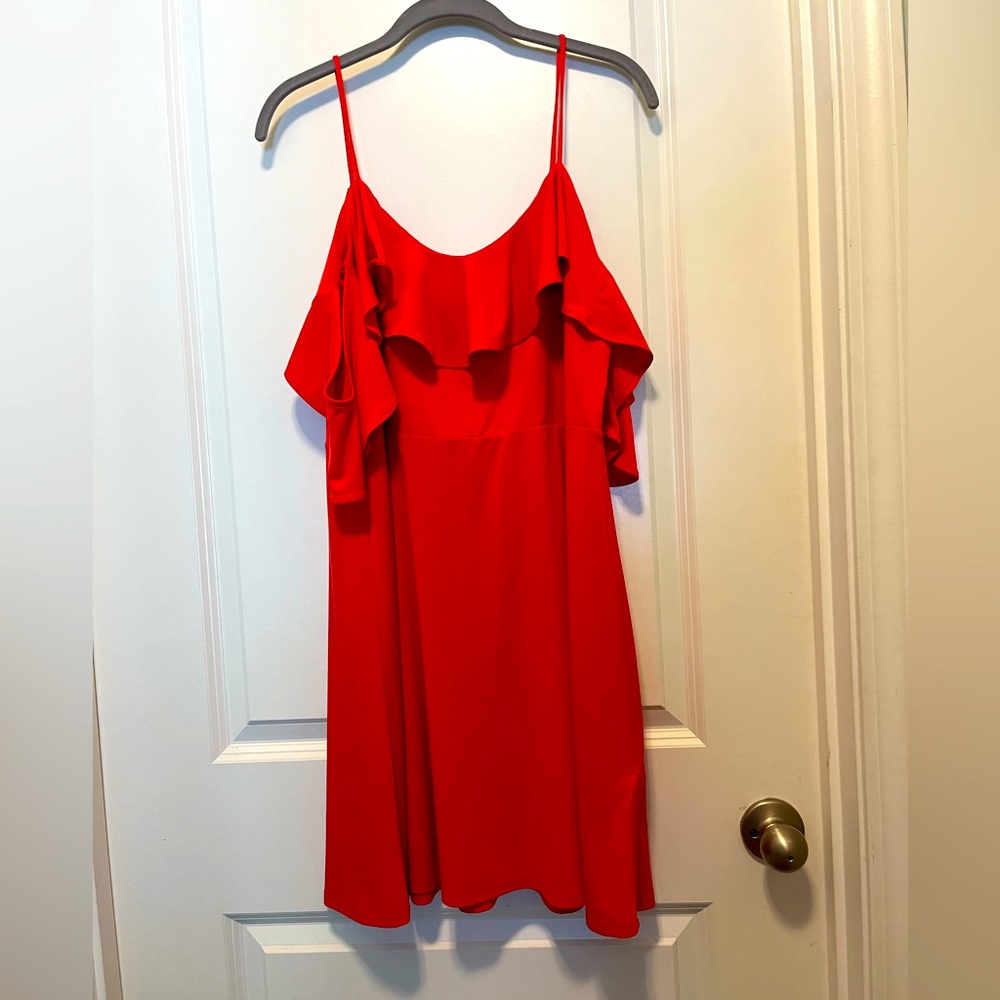 Express mini dress with stretch- large with feminine off the shoulder detail.